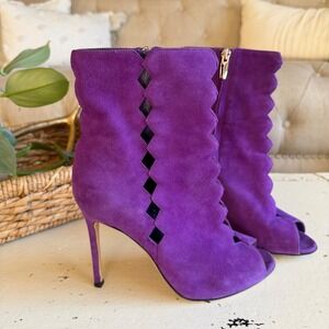 Gianvito Rossi Purple Suede Scalloped Peep-Toe Ankle Booties